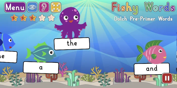 Screenshot of the Fishy Words game: an octopus and fish swim past carrying word cards such as "the", "a" and "and"